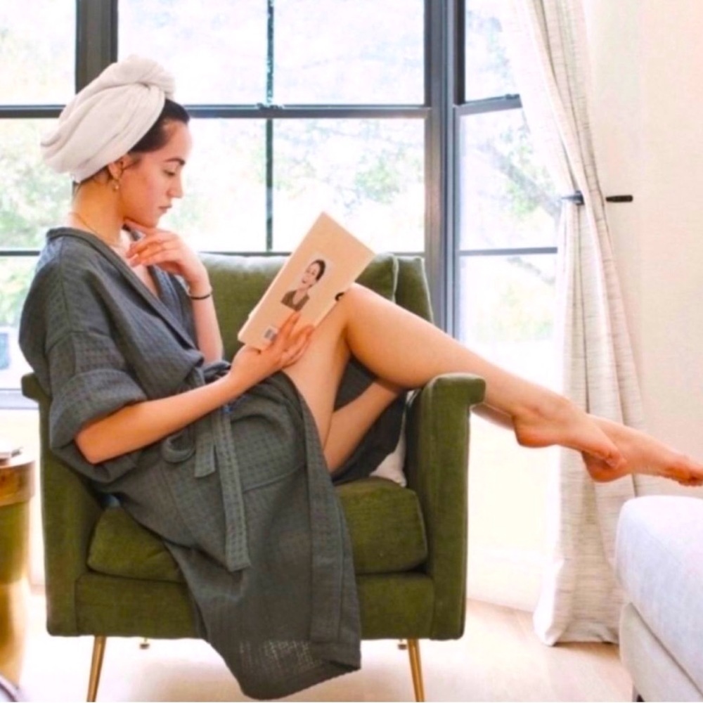 ANTHROPOLOGIE BATHEN Waffle Knit Robe Charcoal Gray